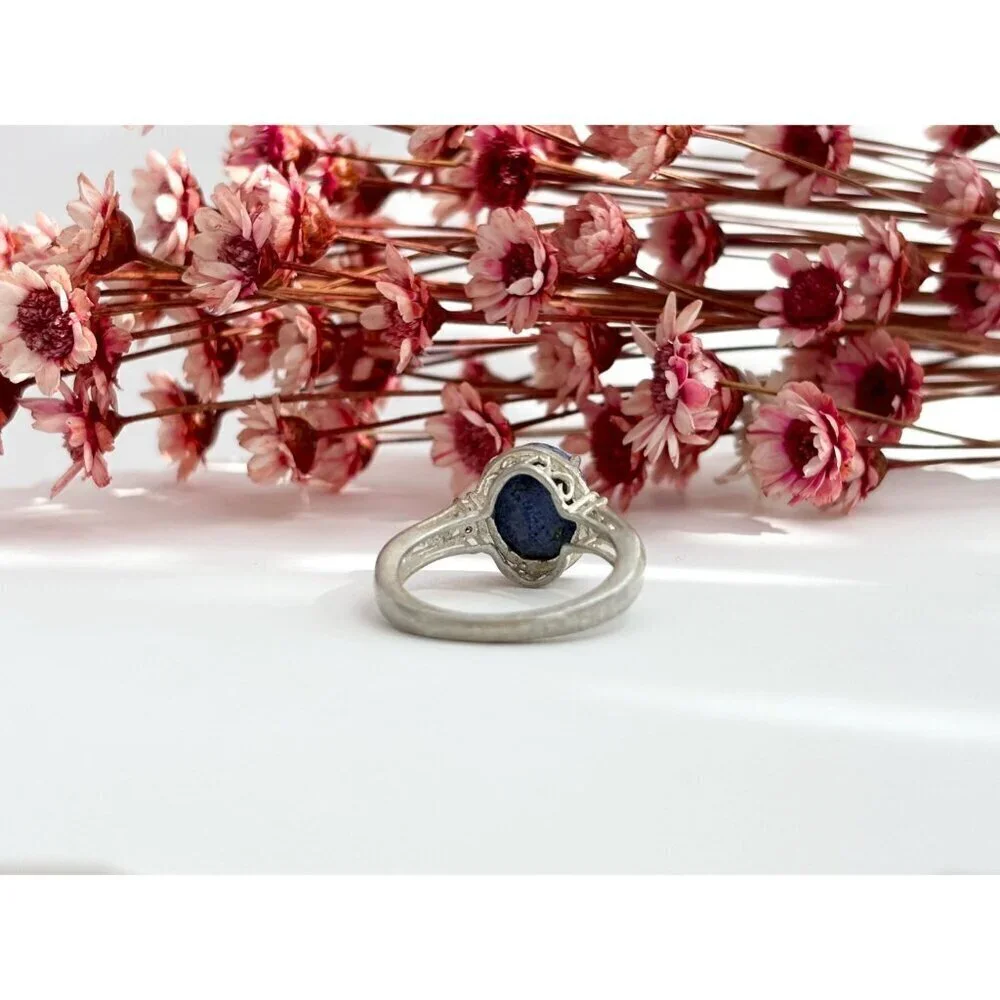 Lapis Lazuli Oval Cut Ornate Cutout Sterling Silver Vintage Ring - sz 4.75 - Picture 10 of 10
